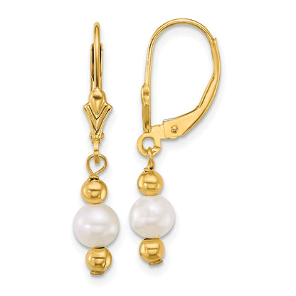14K Yellow Gold 5-6mm Round White Freshwater Cultured Pearl Dangle Earrings