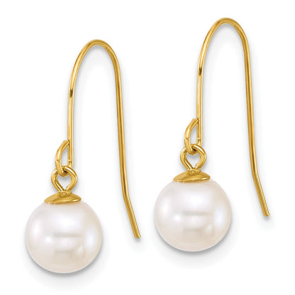 14K Yellow Gold 6-7mm Round White Freshwater Culture Pearl Dangle Earrings