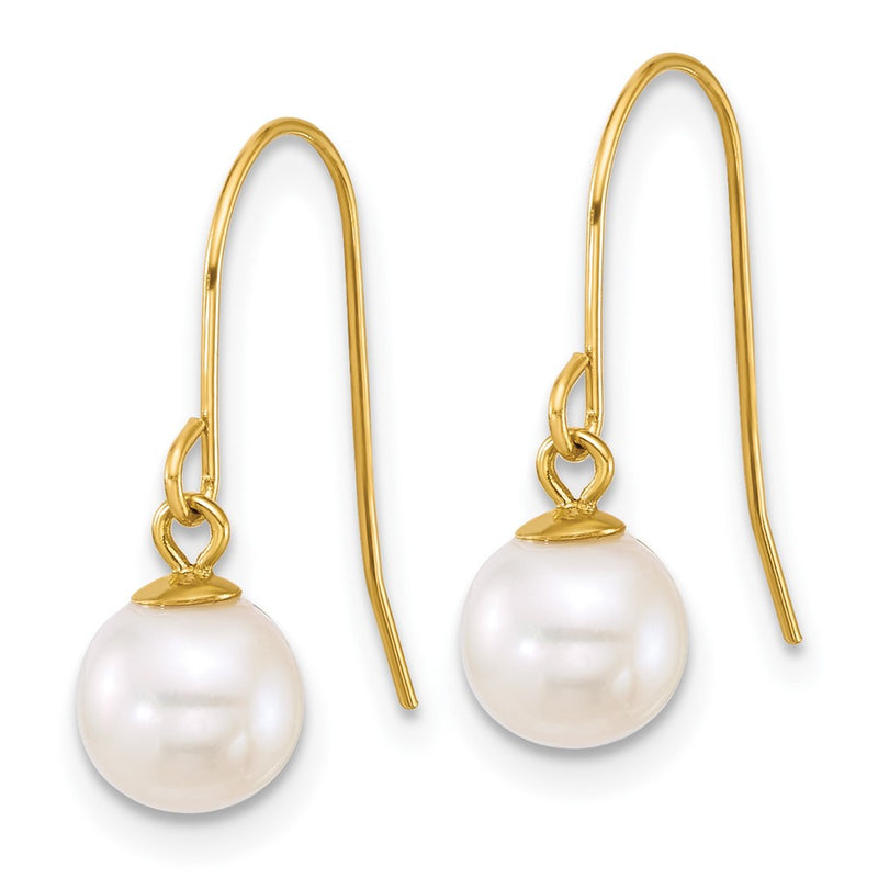 14K Yellow Gold 6-7mm Round White Freshwater Culture Pearl Dangle Earrings
