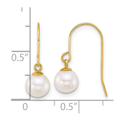 14K Yellow Gold 6-7mm Round White Freshwater Culture Pearl Dangle Earrings