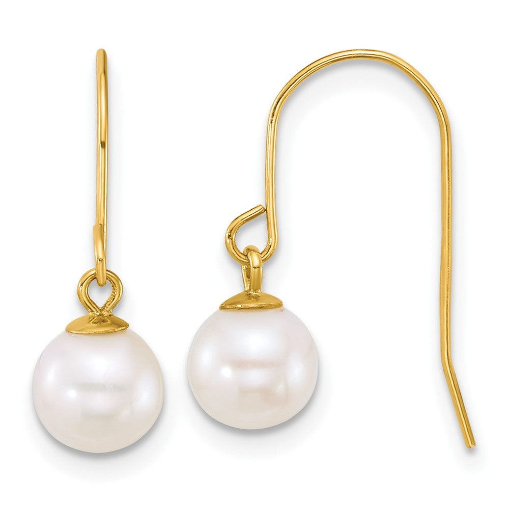 14K Yellow Gold 6-7mm Round White Freshwater Culture Pearl Dangle Earrings