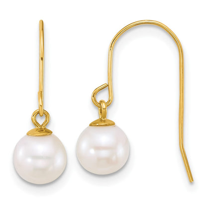 14K Yellow Gold 6-7mm Round White Freshwater Culture Pearl Dangle Earrings
