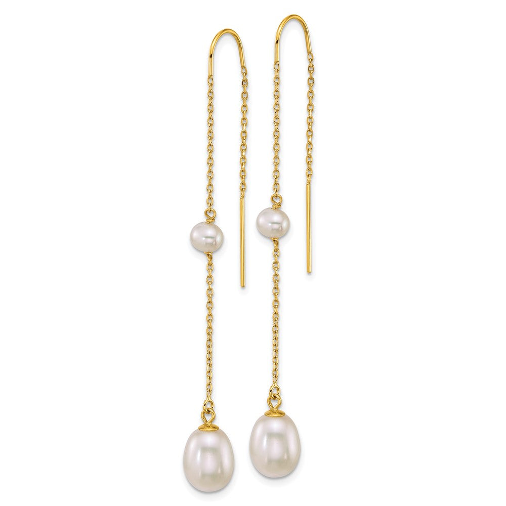 14K Yellow Gold Near-Round/teardrop White Freshwater Cultured Pearl Threader Earrings