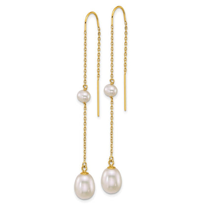 14K Yellow Gold Near-Round/teardrop White Freshwater Cultured Pearl Threader Earrings