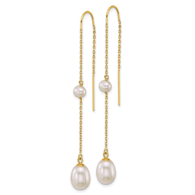 14K Yellow Gold Near-Round/teardrop White Freshwater Cultured Pearl Threader Earrings