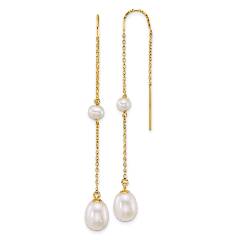 14K Yellow Gold Near-Round/teardrop White Freshwater Cultured Pearl Threader Earrings