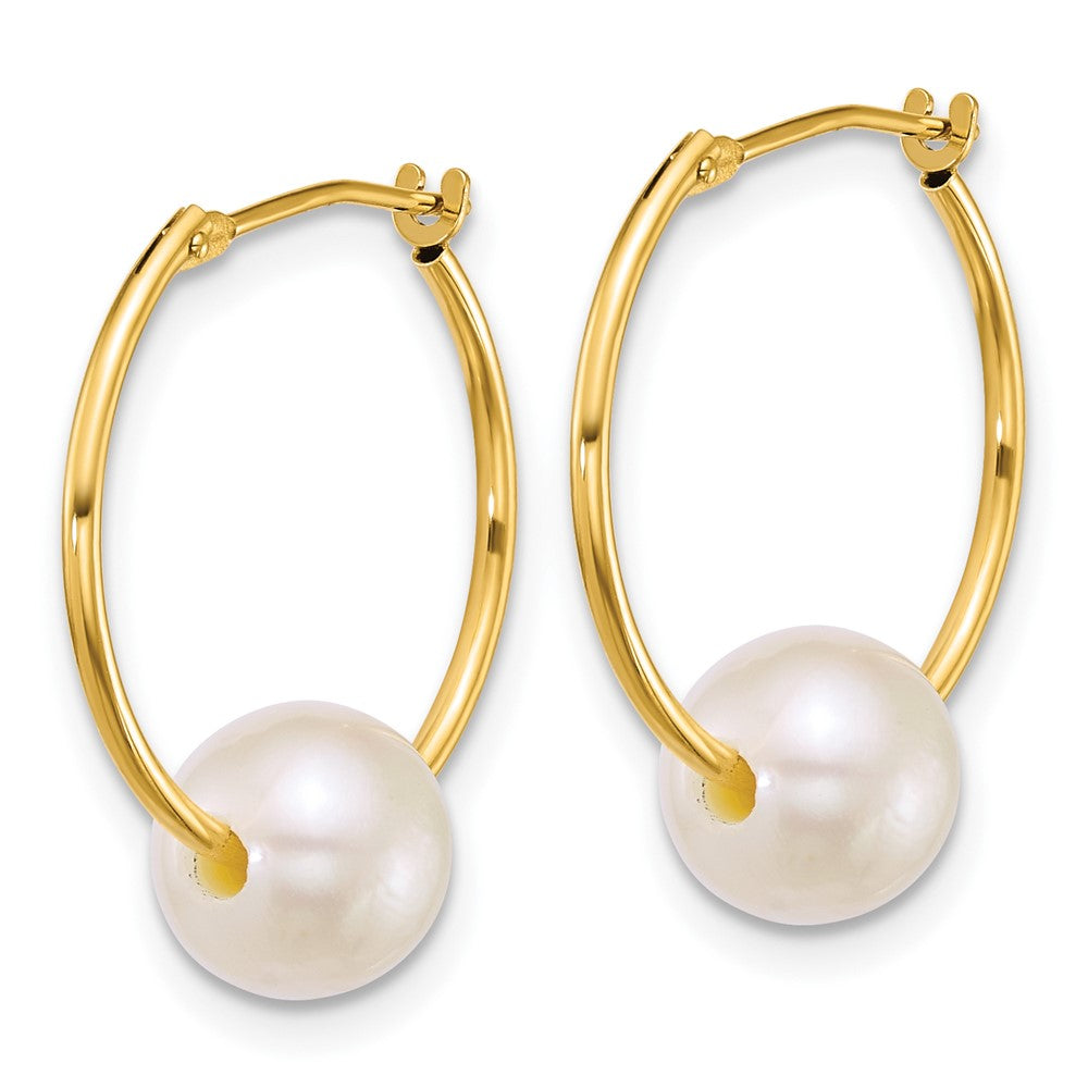 14K Yellow Gold 7-8mm Semi-Rnd White Freshwater Cultured Pearl Hoop Earrings