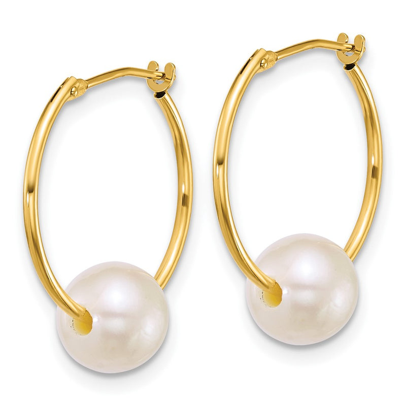 14K Yellow Gold 7-8mm Semi-Rnd White Freshwater Cultured Pearl Hoop Earrings