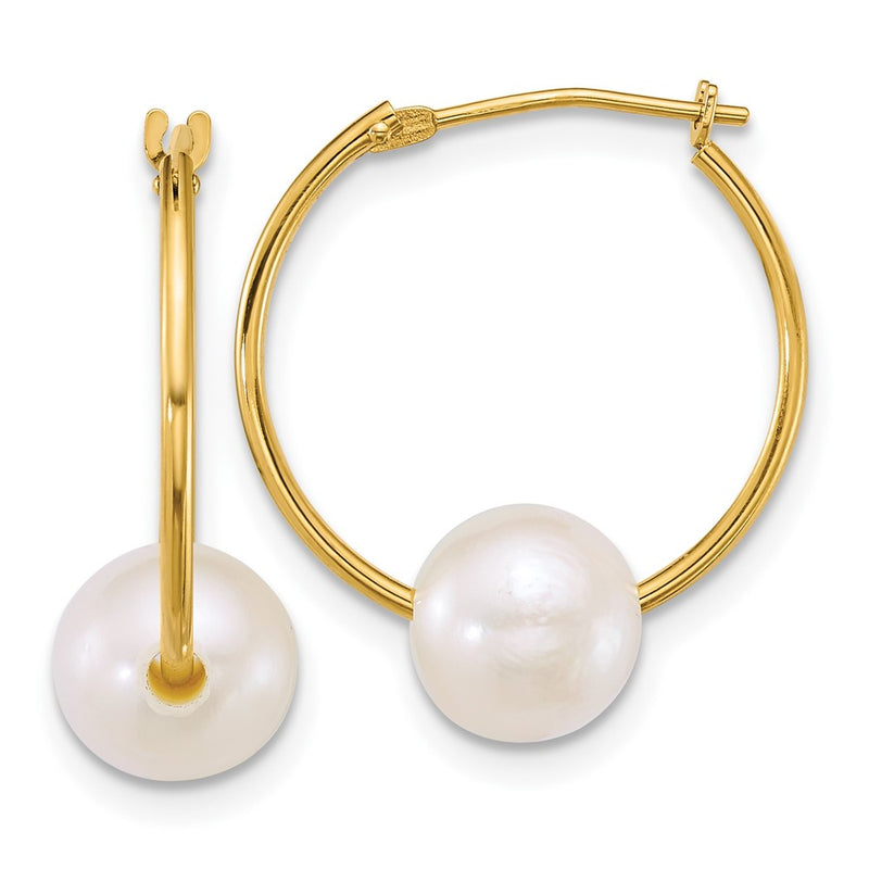 14K Yellow Gold 7-8mm Semi-Rnd White Freshwater Cultured Pearl Hoop Earrings