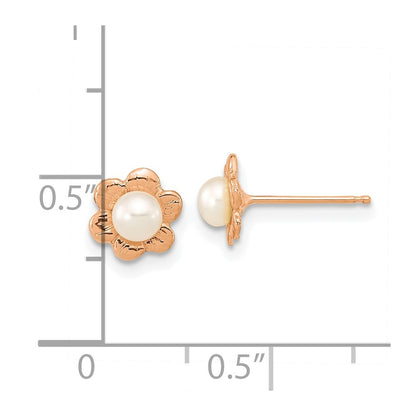 14K Rose Gold 3 4mm White Button Freshwater Cultured Pearl Flower Post Earrings