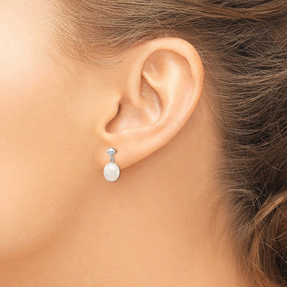 14K White Gold 8 9mm Rice Freshwater Cultured Pearl Post Dangle Earrings