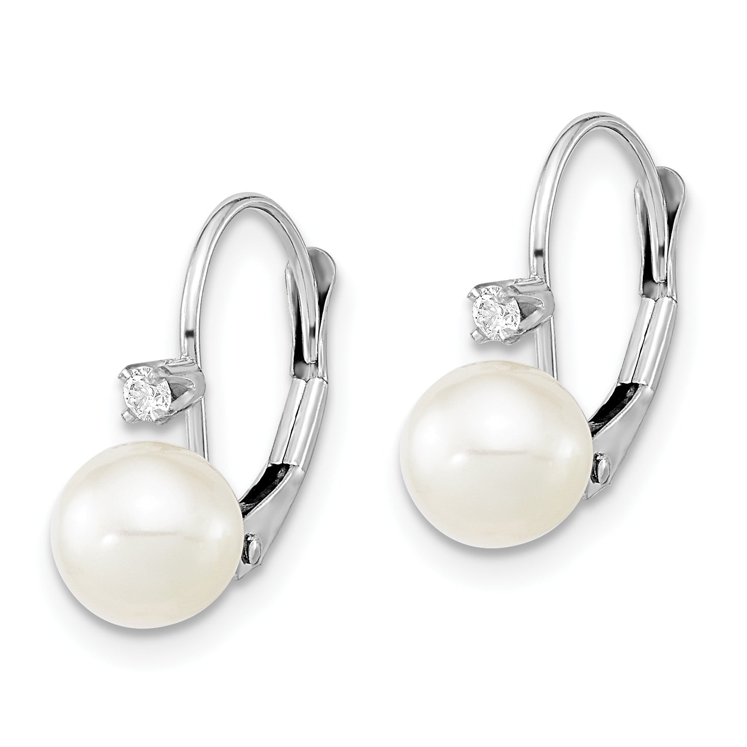 14K White Gold 6 7mm Round Freshwater Cultured Pearl And .06 Carat Diamond Leverback Earrings