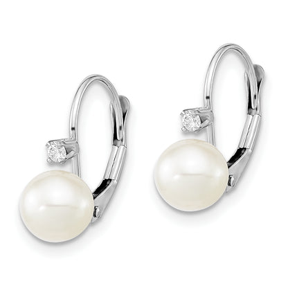 14K White Gold 6 7mm Round Freshwater Cultured Pearl And .06 Carat Diamond Leverback Earrings