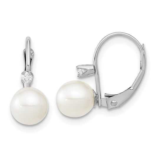 14K White Gold 6 7mm Round Freshwater Cultured Pearl And .06 Carat Diamond Leverback Earrings