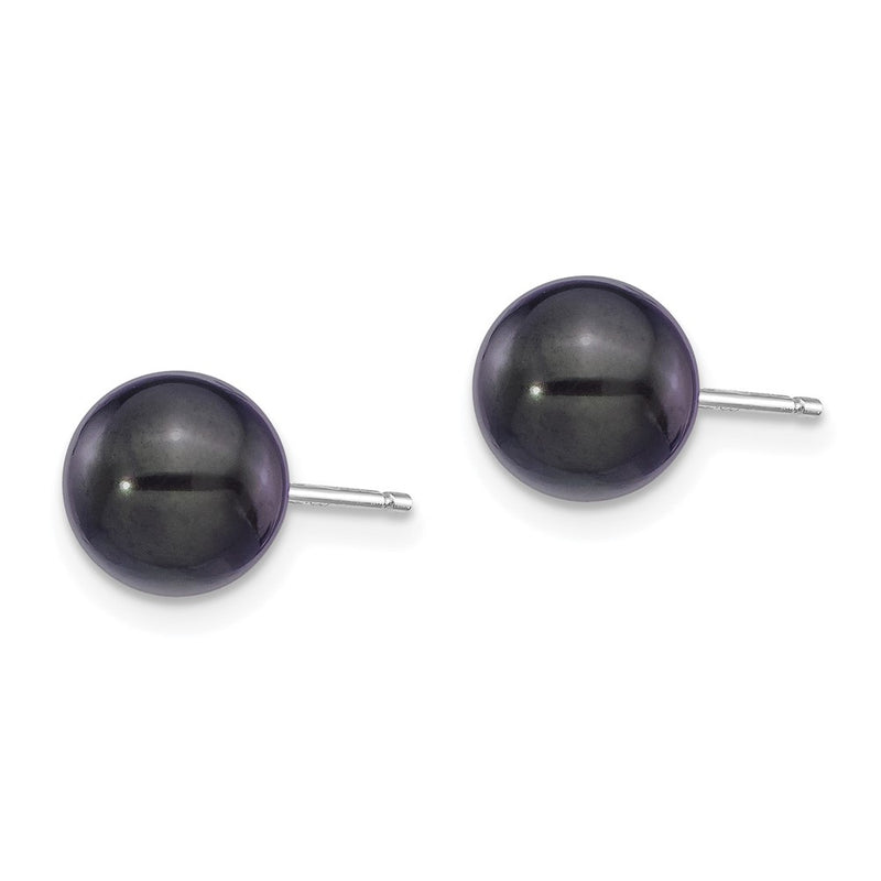 14K White Gold 7 8mm Black Round Akoya Saltwater Cultured Pearl Post Earrings