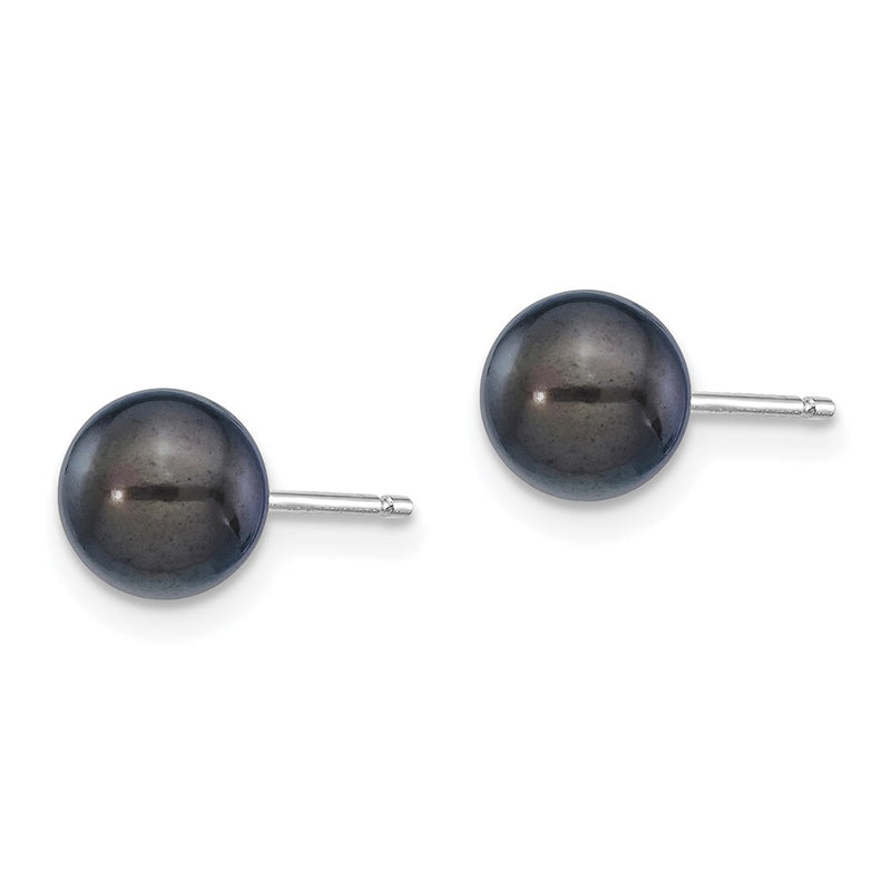14K White Gold 6 7mm Black Round Akoya Saltwater Cultured Pearl Post Earrings