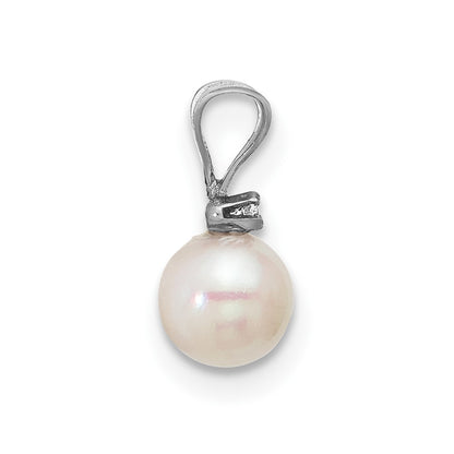 14k White Gold 14k White Gold 5-6mm White Round Akoya Saltwater Cultured Pearl and .01 Carat Diamond Pendant