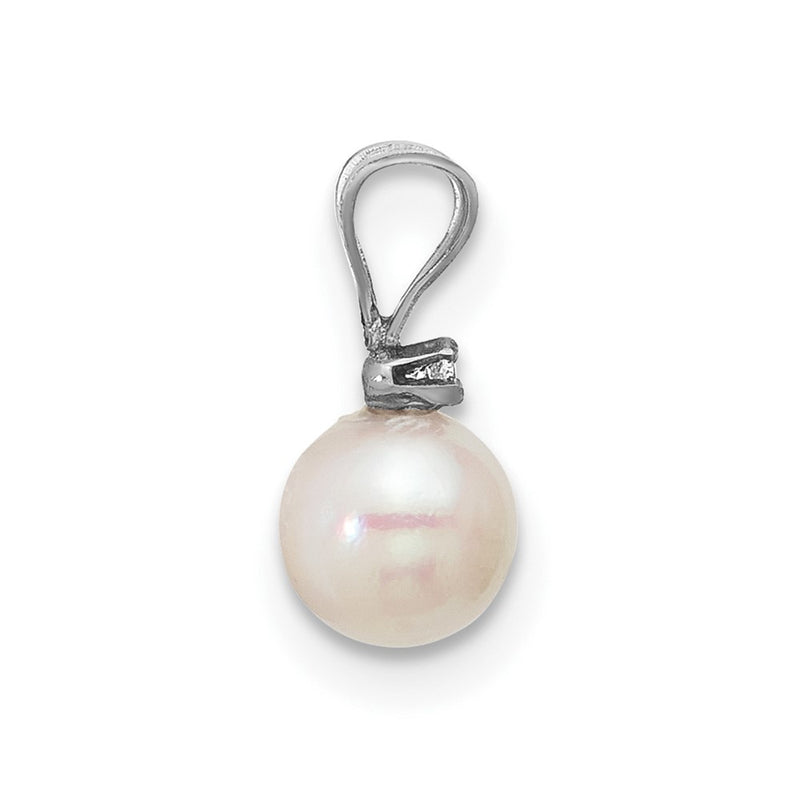 14k White Gold 14k White Gold 5-6mm White Round Akoya Saltwater Cultured Pearl and .01 Carat Diamond Pendant