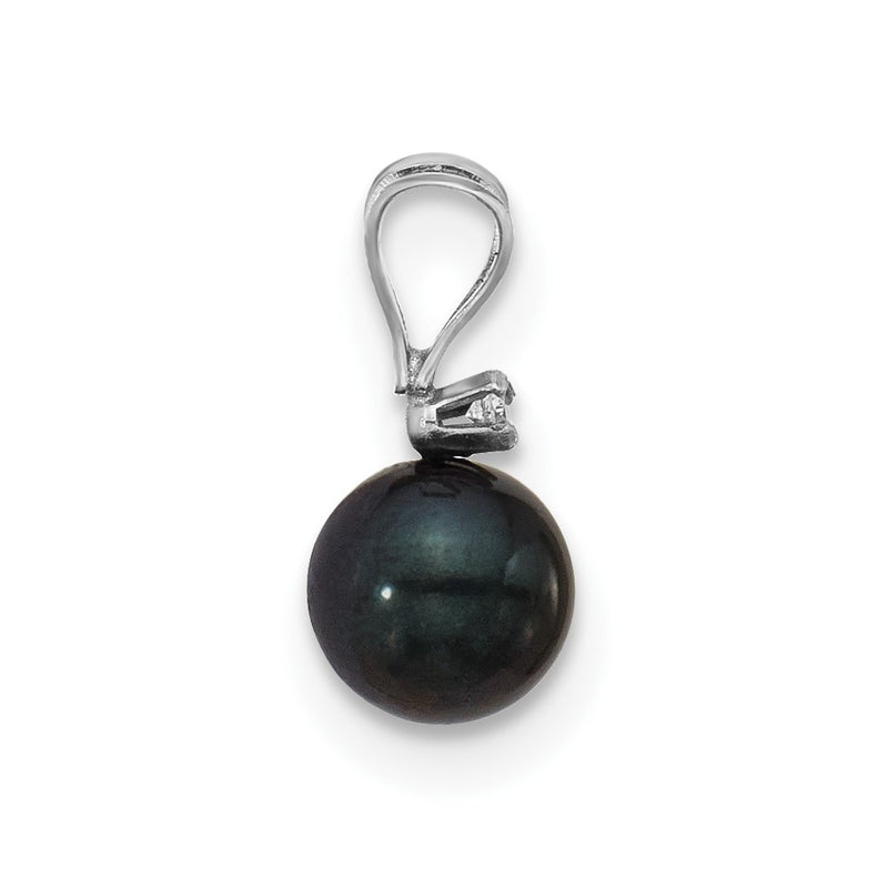 14k White Gold 14k White Gold 5-6mm Black Round Akoya Saltwater Cultured Pearl and .01 Carat Diamond Pendant