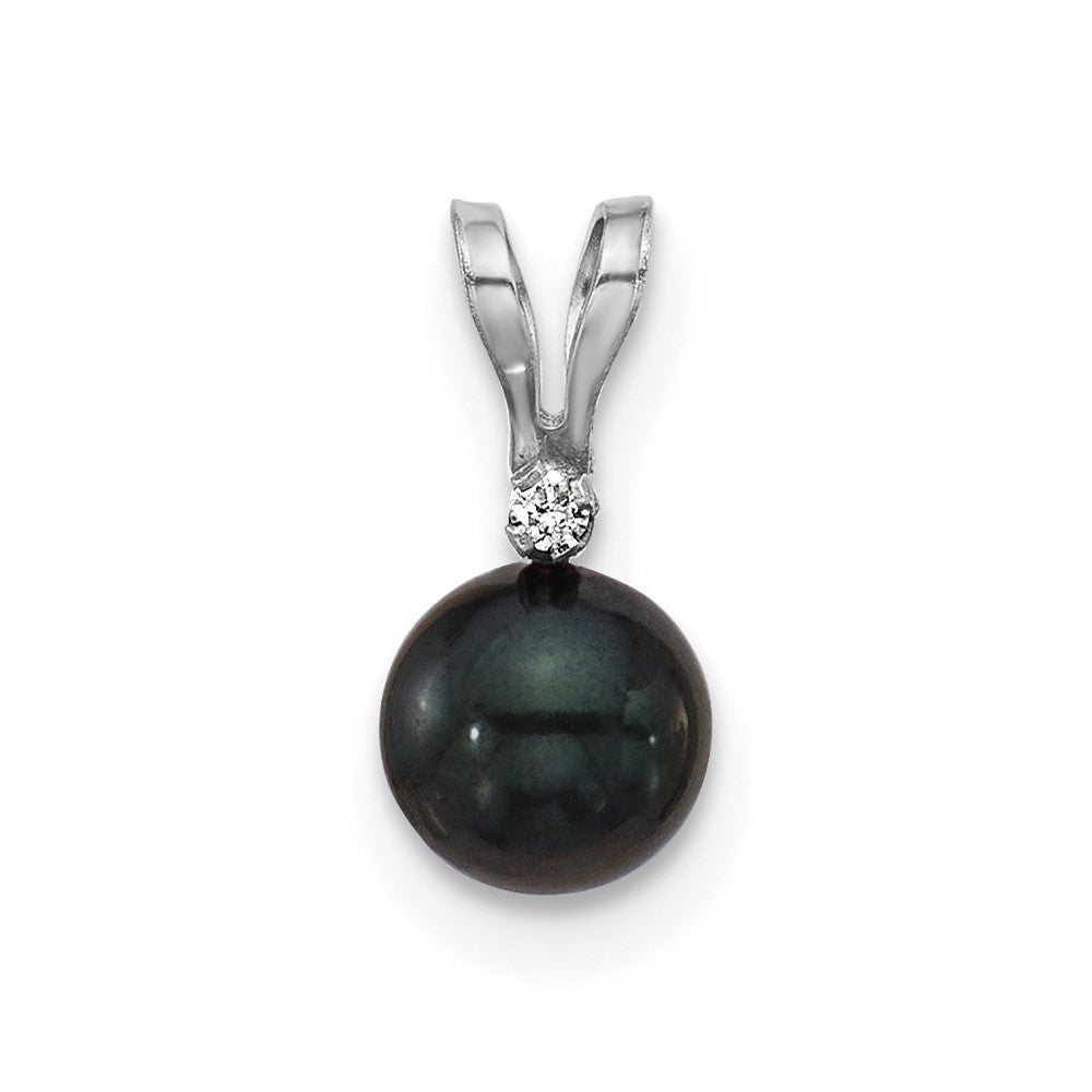 14k White Gold 14k White Gold 5-6mm Black Round Akoya Saltwater Cultured Pearl and .01 Carat Diamond Pendant