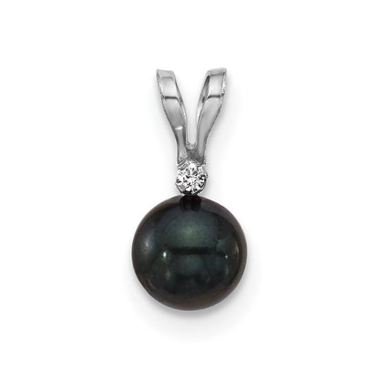 14k White Gold 14k White Gold 5-6mm Black Round Akoya Saltwater Cultured Pearl and .01 Carat Diamond Pendant