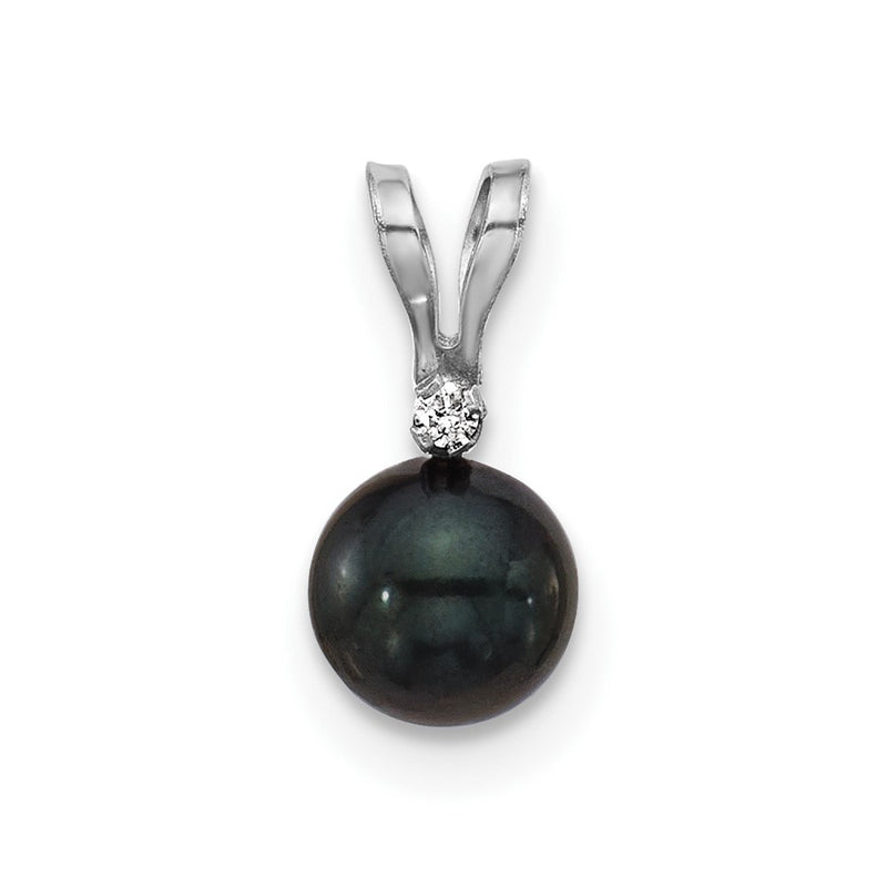 14k White Gold 14k White Gold 5-6mm Black Round Akoya Saltwater Cultured Pearl and .01 Carat Diamond Pendant