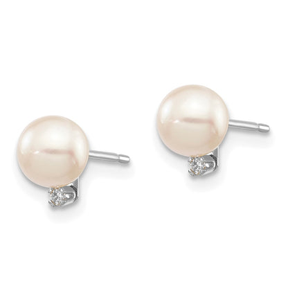14K White Gold 5 6mm Round Akoya Saltwater And .02 Carat Diamond Earrings