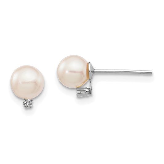 14K White Gold 5 6mm Round Akoya Saltwater And .02 Carat Diamond Earrings