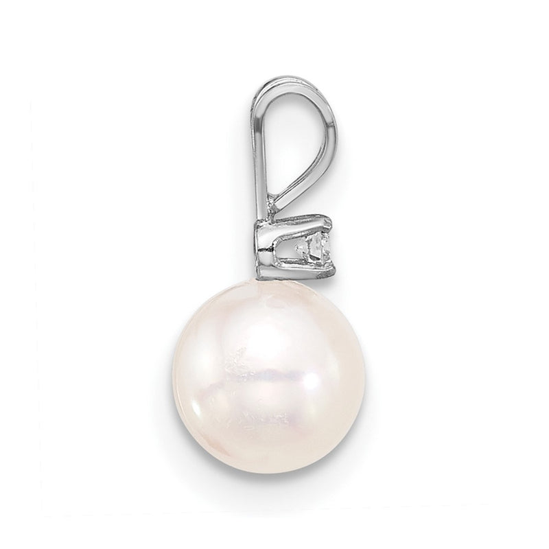 14K White Gold White 6-7mm Round White Akoya Pearl and .03ct Diamond Pendant