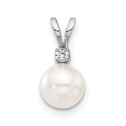 14K White Gold White 6-7mm Round White Akoya Pearl and .03ct Diamond Pendant