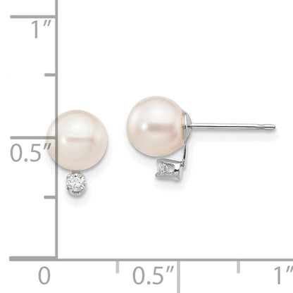 14K White Gold 6 7mm Round Akoya Saltwater Cultured Pearl And .06 Carat Diamond Post Earrings