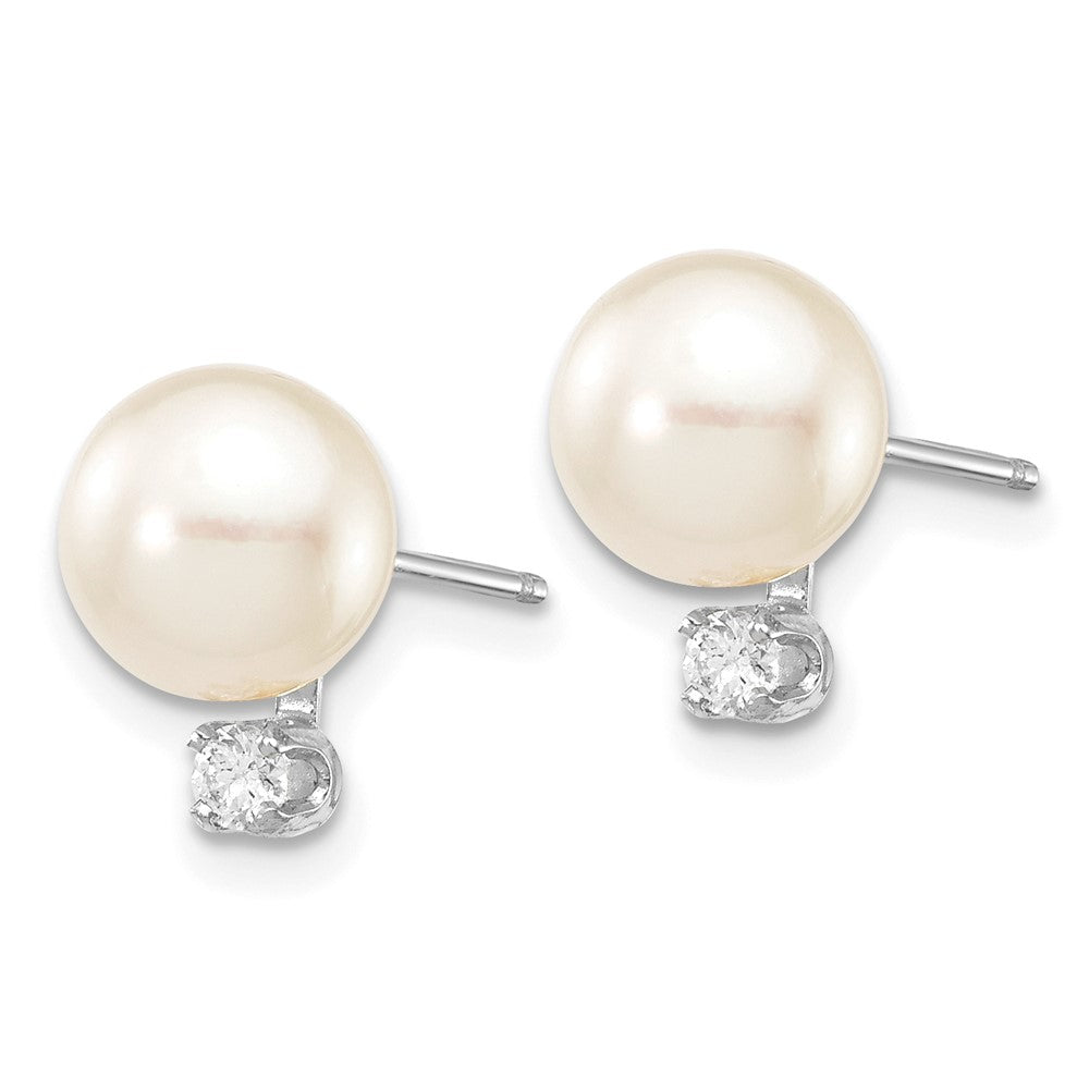 14K White Gold 7 8mm Round Akoya Saltwater Cultured Pearl And .10 Carat Diamond Post Earrings