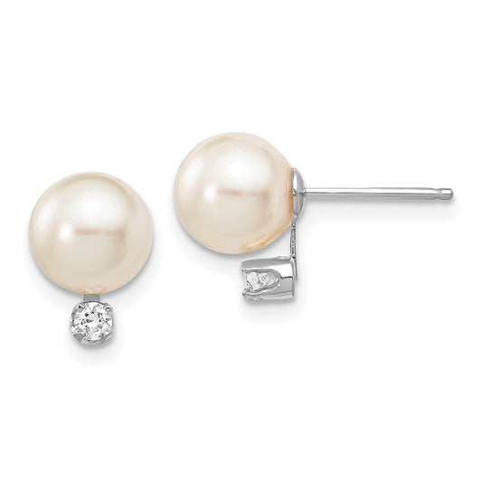 14K White Gold 7 8mm Round Akoya Saltwater Cultured Pearl And .10 Carat Diamond Post Earrings