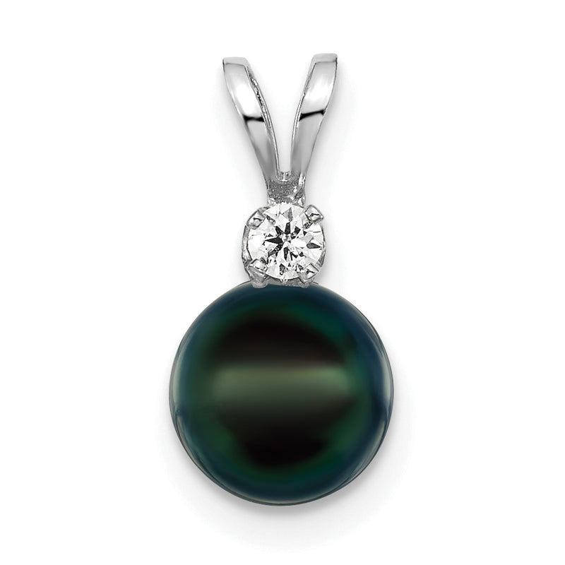 14k White Gold 14k White Gold 7-8mm Black Round Akoya Saltwater Cultured Pearl and 1/20 Carat Diamond Pendant
