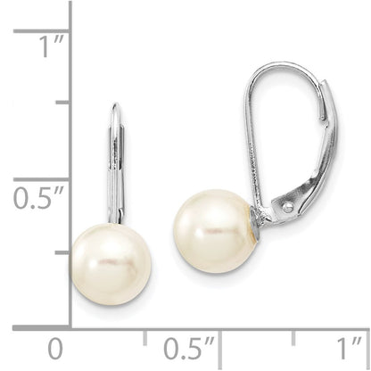 14K White Gold 7 8mm Round Akoya Saltwater Cultured Pearl Leverback Earrings