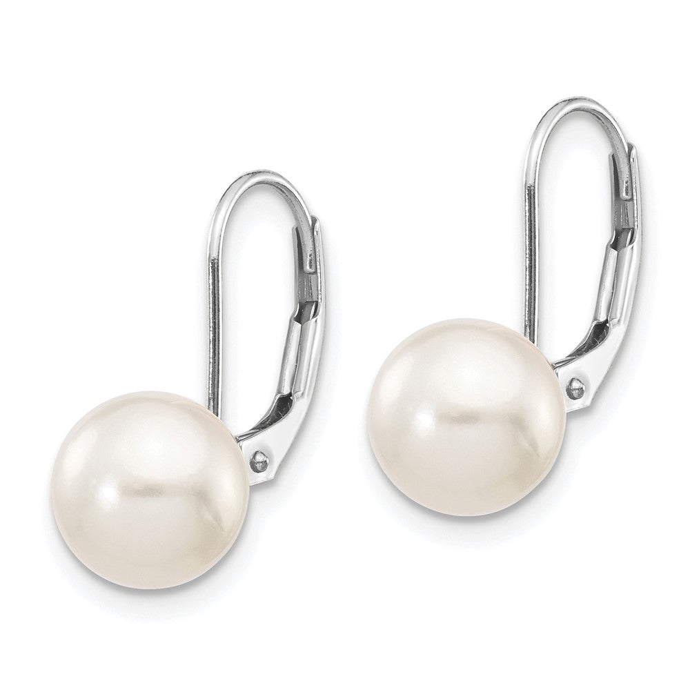 14K White Gold 8 9mm Round Akoya Saltwater Cultured Pearl Leverback Earrings
