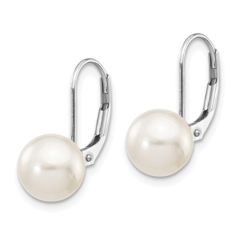 14K White Gold 8 9mm Round Akoya Saltwater Cultured Pearl Leverback Earrings
