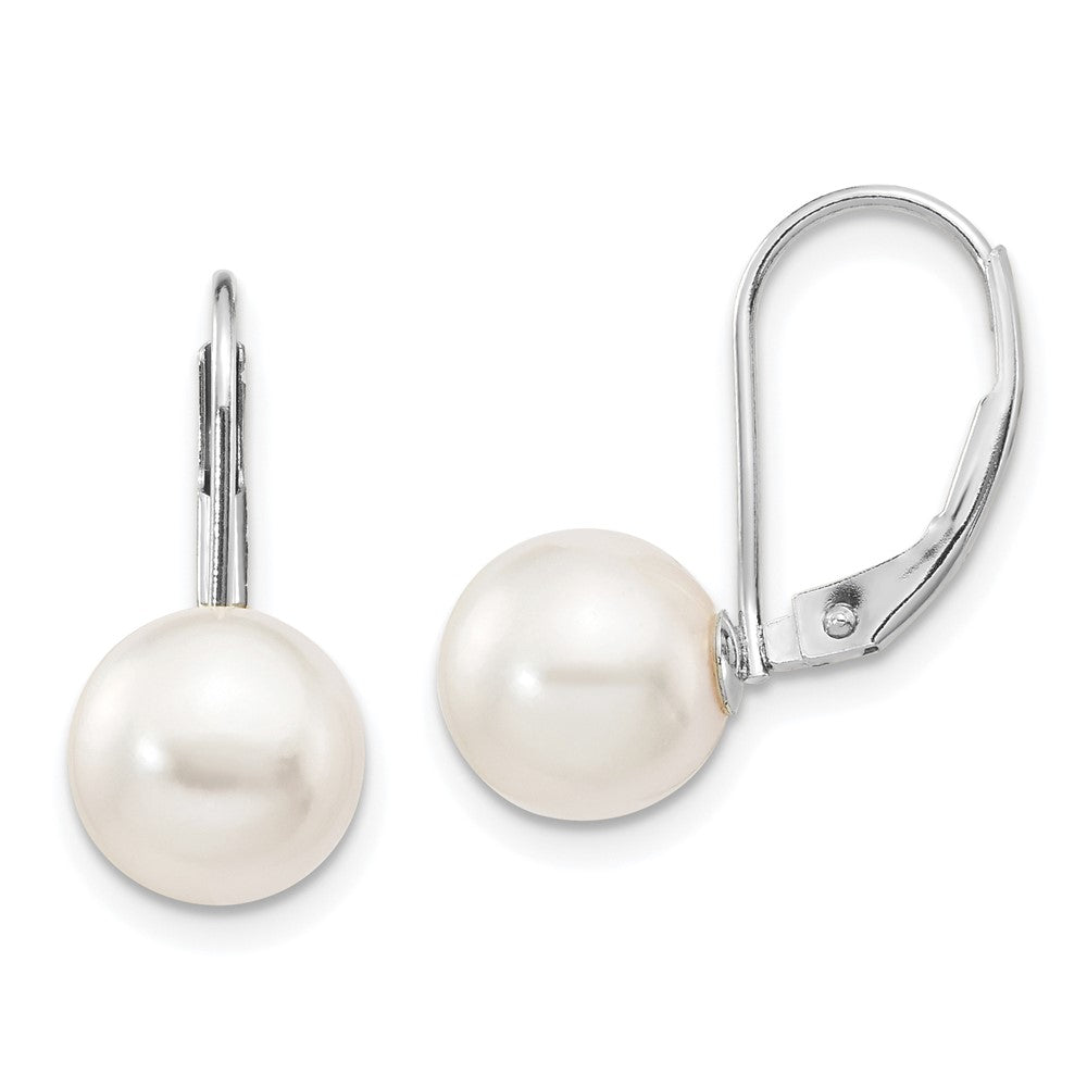14K White Gold 8 9mm Round Akoya Saltwater Cultured Pearl Leverback Earrings