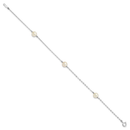 14K White Gold 5-6mm Round White Fwc Pearl 3 Station Bracelet