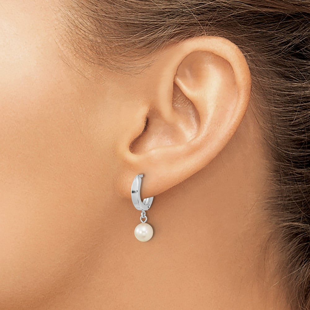 14K White Gold Wg 6-7mm Rnd Akoya Saltwater Cultured Pearl Dangle Hoop Earrings