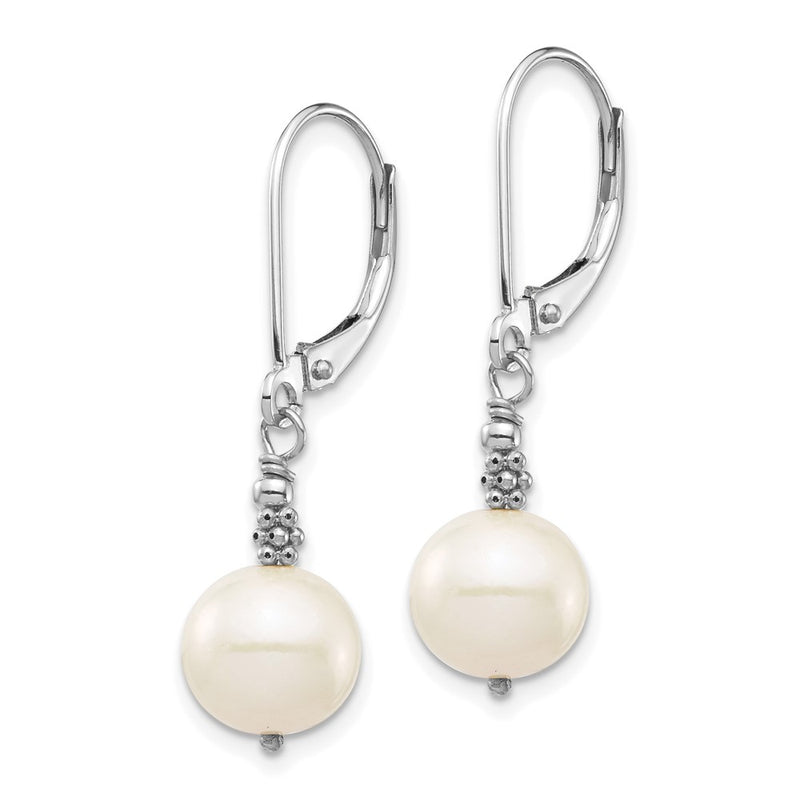 14K White Gold 8 9mm Near Round Freshwater Cultured Pearl Dangle Leverback Earrings