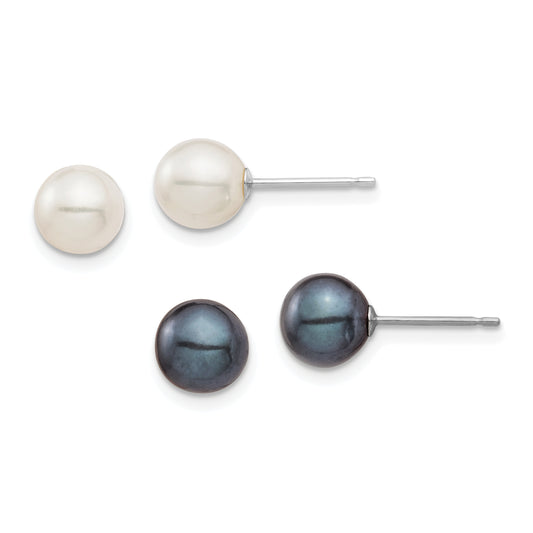 10K White Gold 6-7mm Round And Black Freshwater Cultured Pearl 2 Post Earrings Set