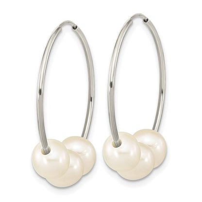 14K White Gold Wg 6-7mm Semi-Rnd Freshwater Cultured 3 Pearl Hoop Earrings