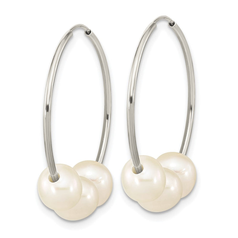 14K White Gold Wg 6-7mm Semi-Rnd Freshwater Cultured 3 Pearl Hoop Earrings