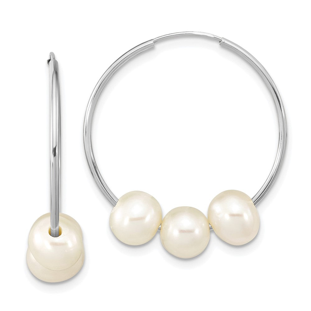 14K White Gold Wg 6-7mm Semi-Rnd Freshwater Cultured 3 Pearl Hoop Earrings