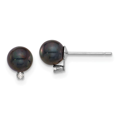 14K White Gold 5-6mm Blk Saltwater Akoya Pearl .02ct Dia Post Earrings