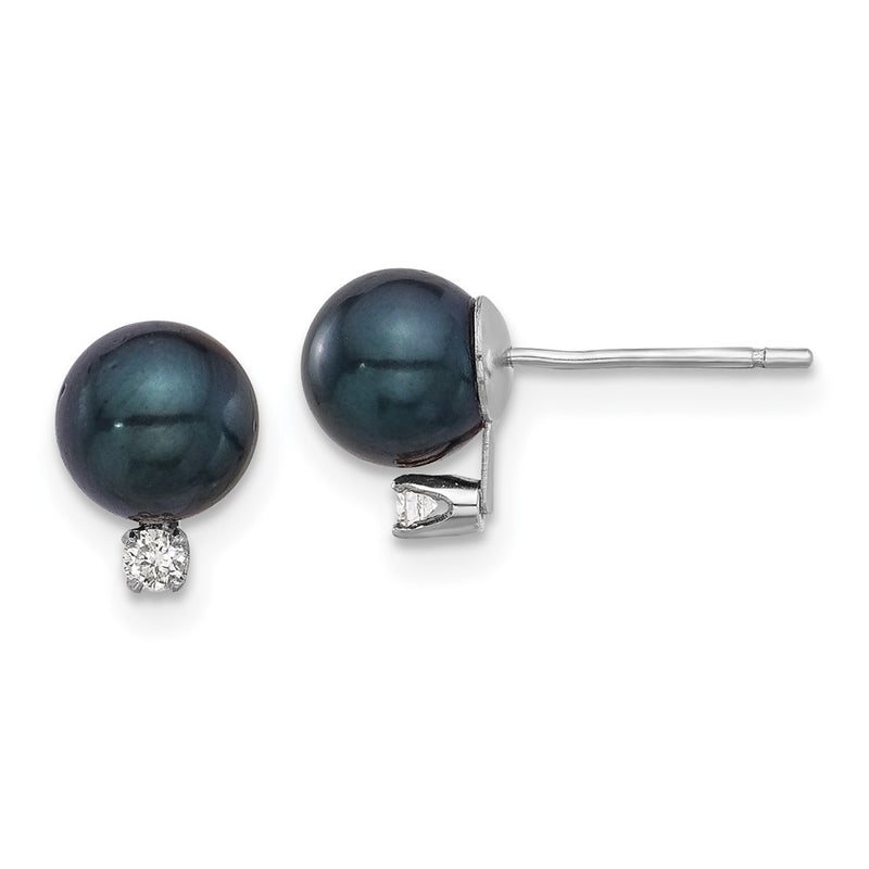 14K White Gold 6-7mm Black Akoya Pearl and .06ct Diamond Post Earrings