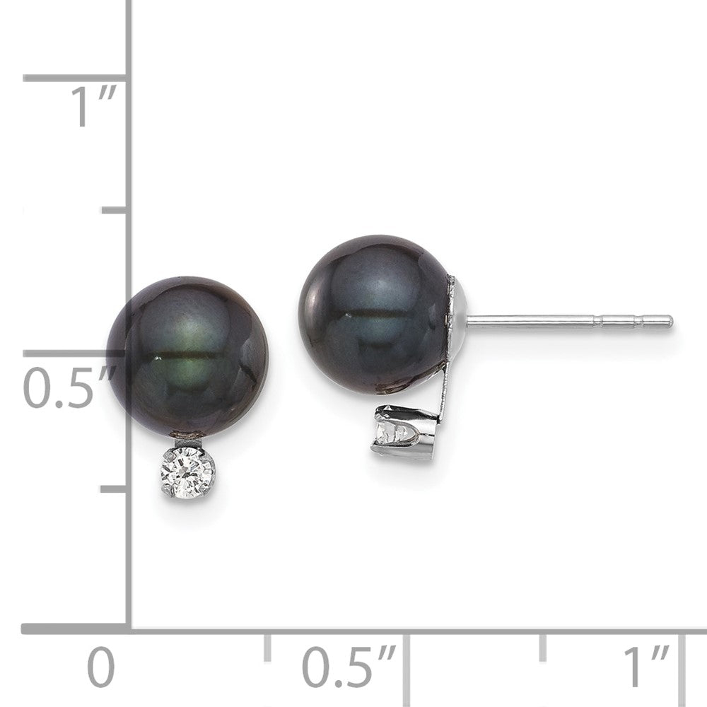 14K White Gold 7-8mm Round Black Akoya Pearl & .10ct Dia Post Earrings