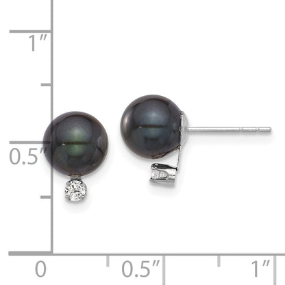 14K White Gold 7-8mm Round Black Akoya Pearl & .10ct Dia Post Earrings