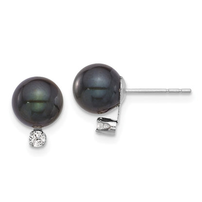 14K White Gold 7-8mm Round Black Akoya Pearl & .10ct Dia Post Earrings